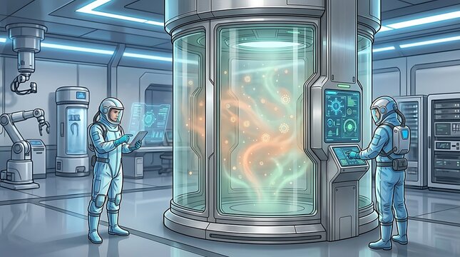 Futuristic laboratory with scientists in spacesuits working on advanced glowing containment unit research