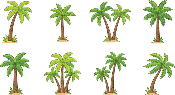 Tropical Palm Tree Vector Icon Set Featuring Isolated Cartoon Coconut Palms and Exotic Summer Foliage Clipart Elements for Beach Vacation Travel Graphic Designs