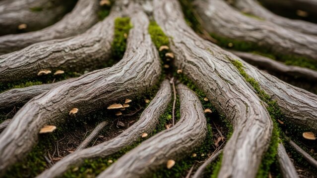 Close up of tree roots spreading across the ground with earthy textures