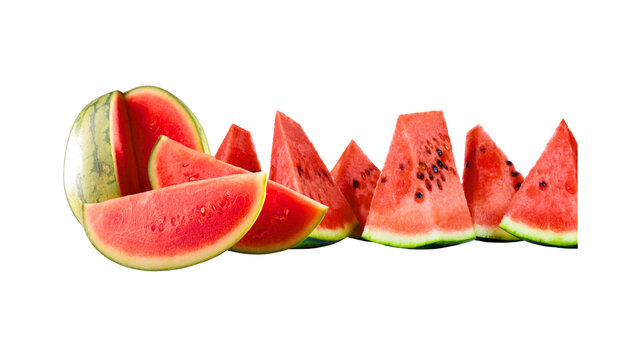 Fresh red watermelon slices and a half melon healthy summer fruit with black seeds isolated on white background green rind food ingredients tropical fruit citrullus lanatus picnic food
