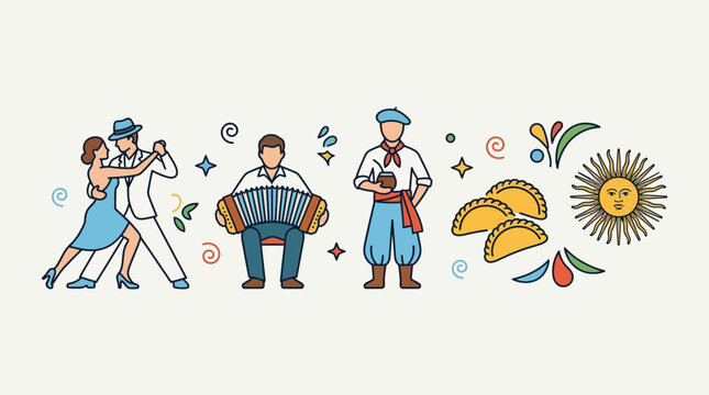Set of Argentine cultural symbols featuring tango dancers musician gaucho and empanadas.