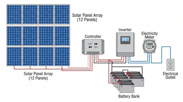 Solar Panel cell System with Hybrid Inverter, Controller, Battery Bank and Meter designed. Renewable energy sources. Backup power energy storage system. See Less