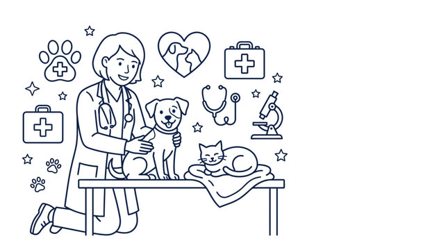 Outline drawing of a female veterinarian examining a dog and a cat in a clinic.