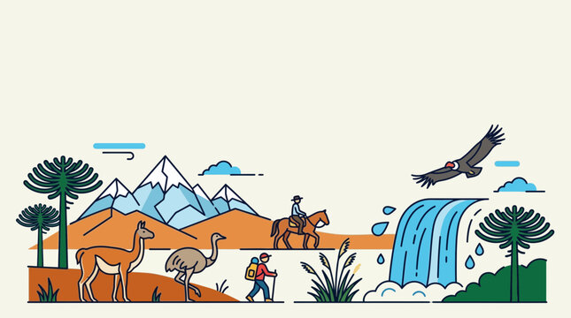 Patagonia adventure landscape illustration featuring wildlife and hikers.