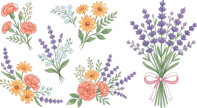 Lavender and Carnation Flower Bouquet Vector Set with Yellow Daisies and Forget Me Not Floral Arrangements for Wedding Invitations and Mother's Day Greeting Cards