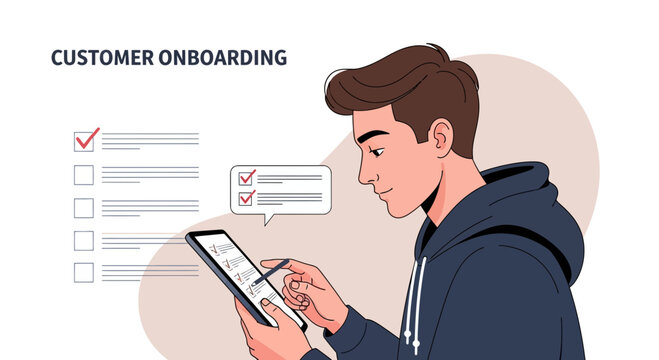 Customer Onboarding Process - Young Man Using Tablet with Checklist