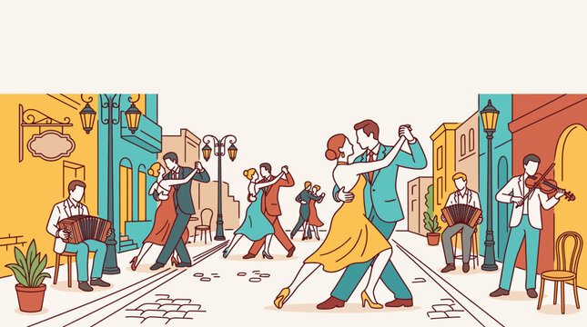 People dancing tango in a street with musicians playing instruments.