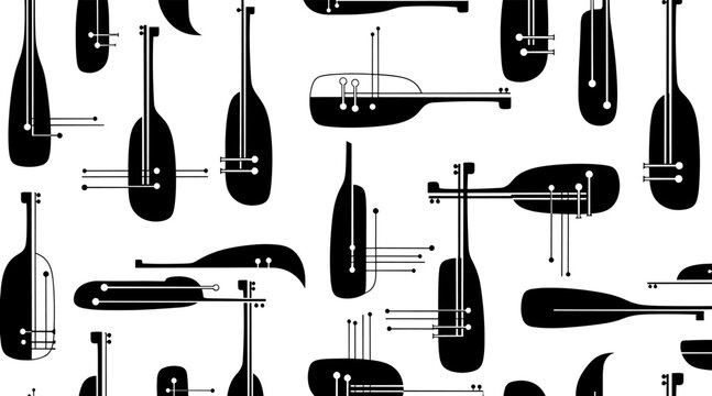 Abstract string instrument silhouettes arranged on white background, no seamless