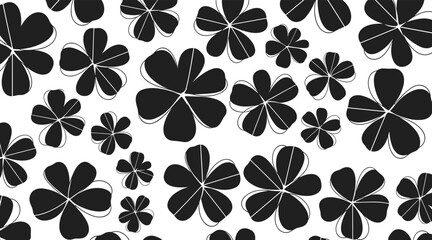 Obraz premium Black floral clover pattern scattered on white background, no seamless