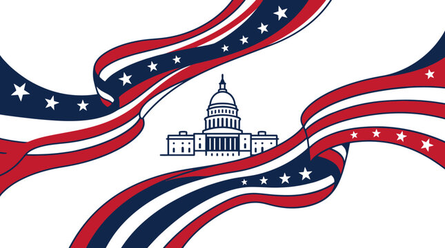 US Capitol building with waving American flag ribbons
