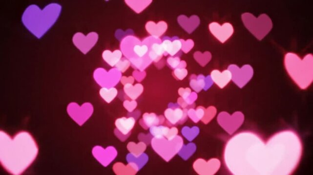 Abstract moving background of pink heart-shaped bokeh lights with red, pink, and purple glowing hearts on a dark background