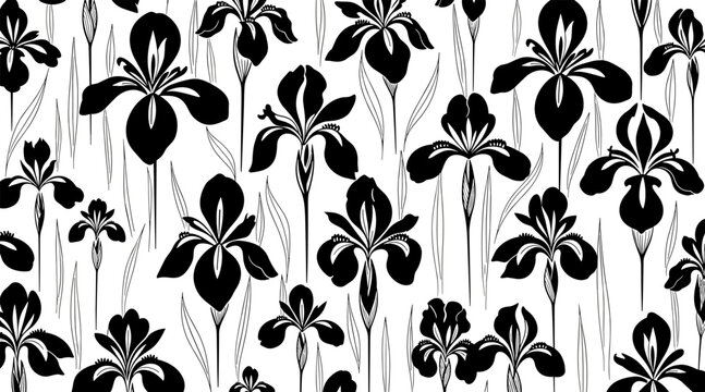 Iris flowers blooming in dense repeat floral pattern background, no seamless