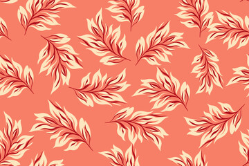 Fototapeta premium Seamless tropical leaf pattern with flowing cream and red foliage on a coral background, creating a warm, elegant design perfect for fabric and decor.