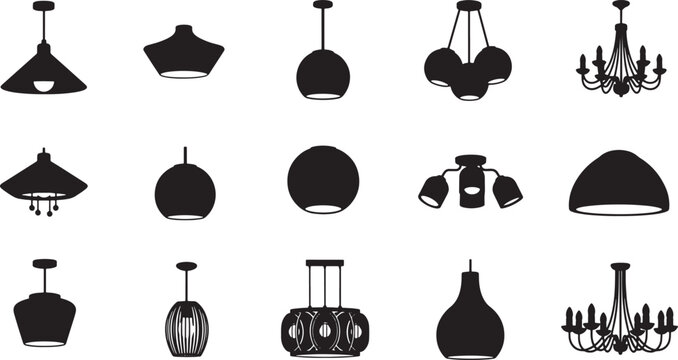 Set of hanging ceiling lamp silhouettes featuring various modern and classic pendant light fixture designs for interior