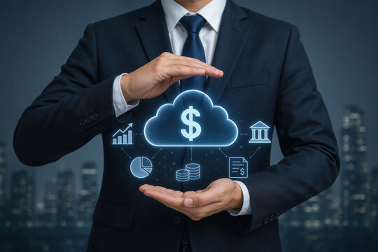 Businessman in suit presenting cloud finance concept with dollar symbol digital icons for cloud banking fintech and financial services innovation for enterprises and investments visualization