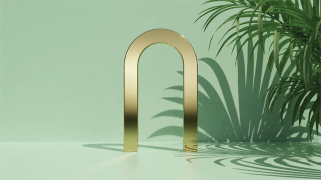Gold archway with green plant shadows on mint background
