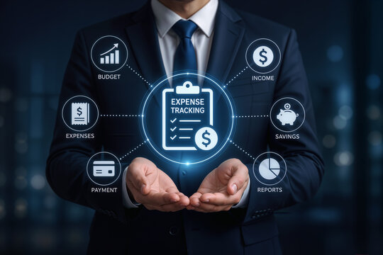 Businessman holding glowing expense tracking icon with budget income savings reports payment expenses financial management concept for accounting and bookkeeping software solutions and fintech