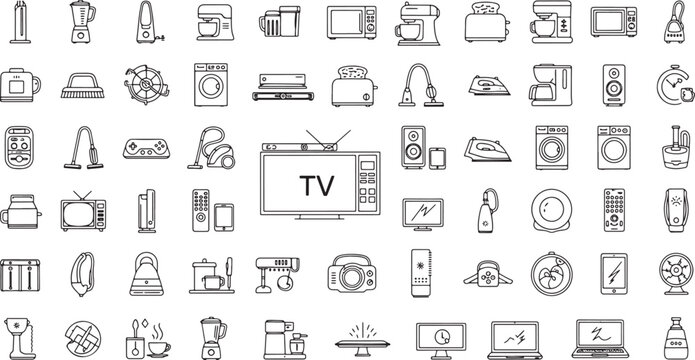 Set of household appliances and electronics line icons for home kitchen and living room interior design vector