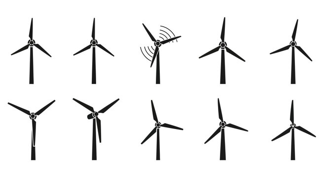 Wind Turbine Illustrations in Various Phases, Suitable for Renewable Energy Concepts
