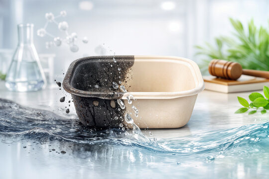 PFAS free packaging transformation from contaminated to biodegradable clean material with water purification symbolizing chemical safety environmental law and consumer protection