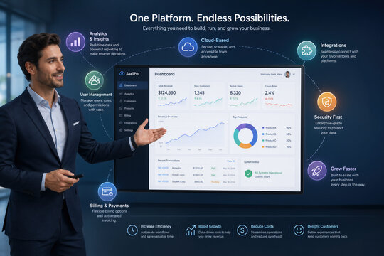 Businessman presenting SaaS platform dashboard with cloud based integrations analytics user management billing security and growth features for enterprise software demo presentation