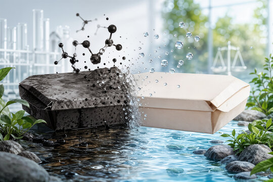 PFAS free packaging transformation from contaminated to biodegradable paper container with clean water restoration and regulatory environmental safety symbolism