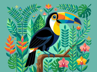 Fototapeta premium Colorful Tropical Toucan Illustration in a Geometric Flat Design Style with Jungle Leaves and Flowers