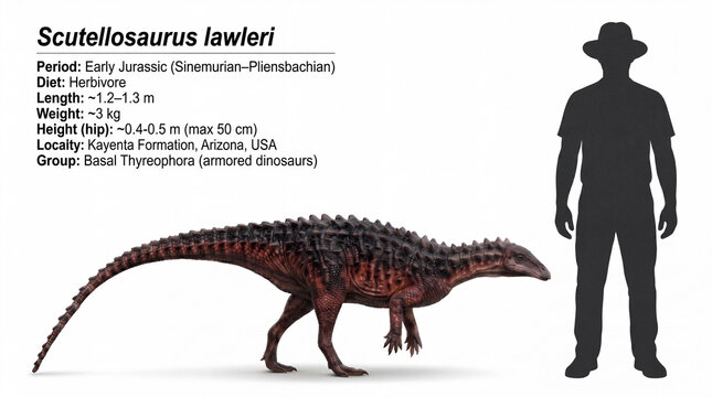 Scientific size comparison chart of Scutellosaurus lawleri with human silhouette, including key informational data and accurate paleontological reconstruction isolated on white background