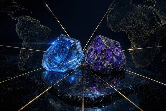 G7 summit mineral sovereignty concept raw lithium crystal and cobalt nugget on obsidian with golden converging lines South America Africa map contours