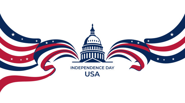 US Capitol silhouette for Independence Day with patriotic ribbons.
