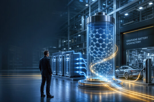 Graphene battery gigafactory opening Germany futuristic industrial hall with hero figure observing luminous graphene lattice in translucent battery core fast charge innovation