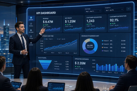 Businessman presenting KPI dashboard in futuristic boardroom with revenue net profit customer acquisition customer satisfaction charts analytics and corporate performance metrics visualization
