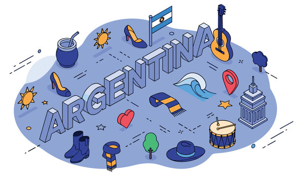 Argentinian culture illustrated with icons of tradition, nature, and national symbols