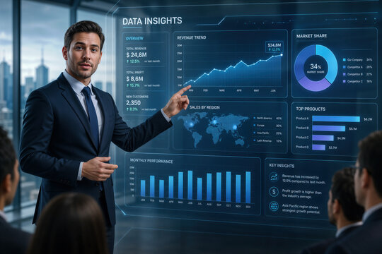 Businessman presenting data insights with futuristic interface showing revenue trend market share sales by region and monthly performance in corporate meeting room professional presentation