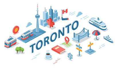 Naklejka premium Toronto landmarks and icons: maple leaf, cn tower, ferry, streetcar, bridge, and more in isometric style