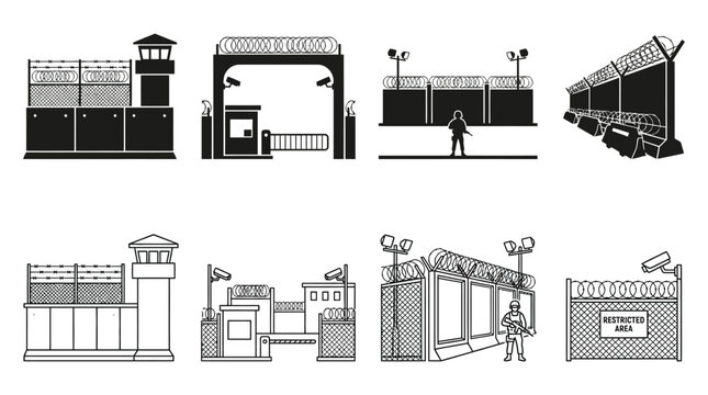 prison security elements set black and white line art