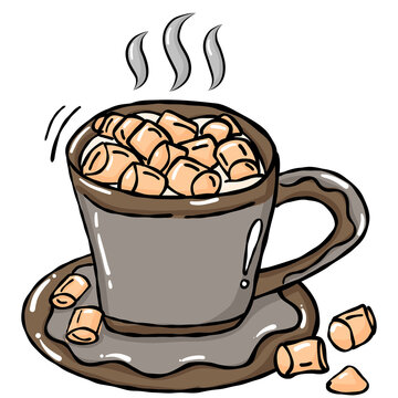 Hot chocolate marshmallow cup hand draw illustration cozy sweet food illustration for winter