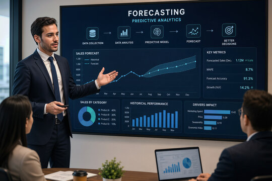 Businessman presenting forecasting predictive analytics data visualization slide with sales forecast charts predictive model key metrics and decision insights for corporate meeting presentation