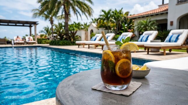 Refreshing poolside drink with ice, lemon, mint, and metal straw beside lounge chairs, umbrellas, and palm trees under bright blue sky.