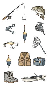 A collection of illustrated fishing gear, from bait to boat