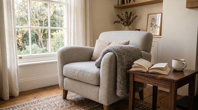 Cozy reading corner with armchair and books