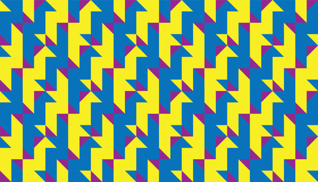 Abstract geometric seamless pattern with dynamic zig zag shapes. Blue and yellow vector background for sports jersey, activewear, or modern textile design.