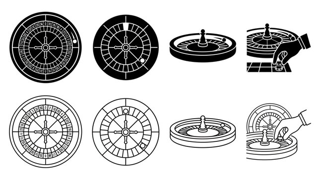 roulette wheel illustrations black and white line art set
