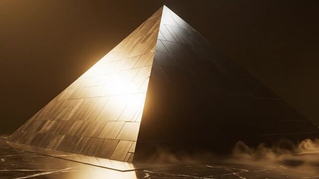 Modern geometric pyramid structure illuminated by dramatic golden light against a dark moody background