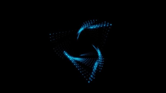 A rotating isosceles blue neon 3D triangle composed of small, alternately glowing dots. 4K loop animation at 60 fps.