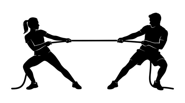 tug of war silhouette with man and woman on white background