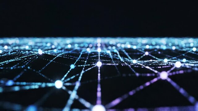 Abstract glowing network with connected nodes and lines representing digital technology and data flow