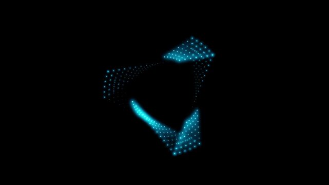 A rotating isosceles blue neon 3D triangle composed of small, alternately glowing dots. 4K loop animation at 60 fps.