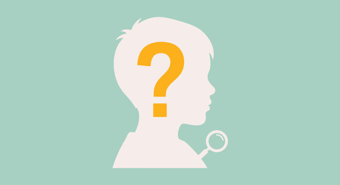 Child with question mark in head and magnifying glass.