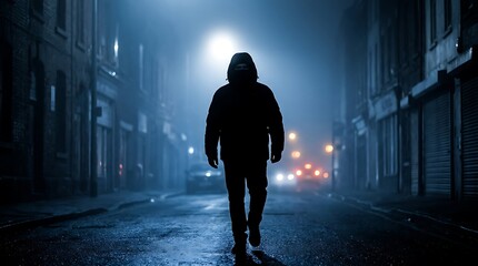 Obraz premium Silhouette of a lone person walking down a foggy and dimly lit urban street at nighttime